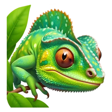 cinematic cute-smiling baby chameleon-realistic emoji,-blending-with-vibrant-greenery.-detailed-scales-in-shifting-colors,-showing-the-chameleon’s-ability-to-camouflage.-soft-natural-light-highlights-its-texture.-light-background, zoomed into its face sticker
