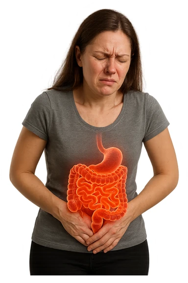 DONNA CON INTESTINO UMANO ANATOMICO IN EVIDENZA E MAL DI PANCIA, iperrealistico 4k, SFONDO BIANCO sticker