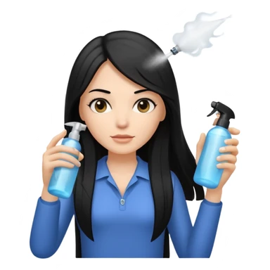A white woman with long, straight black hair, holding a spray bottle in one hand and misting it toward her hair. sticker