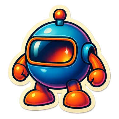 Render this spherical robot in retro stickers style, with bold outlines and vibrant colors, emphasizing a playful and nostalgic look typical of retro stickers. sticker