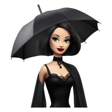 Stunning in the Spotlight Barbie, teen Morticia Addams,showing off, show full body,accessories  gloves funeral veil umbrella  sticker