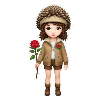 full body woman short curly brown mullet hair brown eyes white skin wearing hedgehog hat and thorny rose jacket sticker