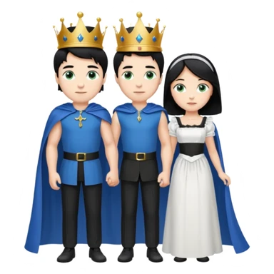 Prince with crown, blue cape and trousers, body and legs, black hair, blue eyes and maid, blonde hair, green eyes, sexy white short sleveless dress,  sticker