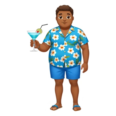 chubby guy full figure in a flowered azure havai shirt, brown shorts and flippers holding a cocktail sticker