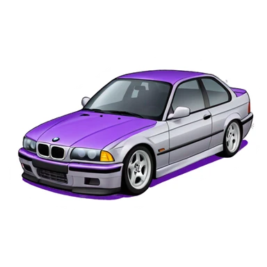 A bmw e36 in light gray colour and purple stickers and purple under lights sticker