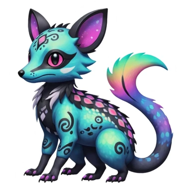 Rare neon iridescent white exotic cute epic aesthetic gothic colorful Salandit-Eevee-Civet-species-Fakemon-hybrid-creature, with intricate tattoo markings, full body sticker