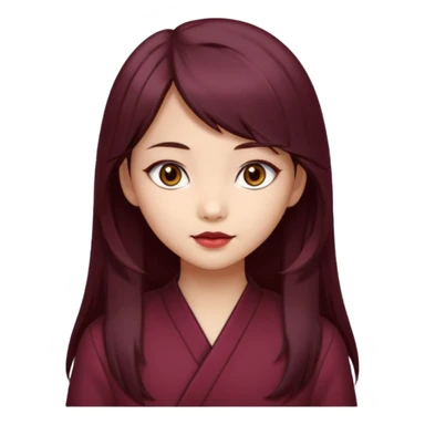 asian girl, long dark burgundy brown hair, hazel brown eyes, half lidded eyes, wolfcut hairstyle sticker