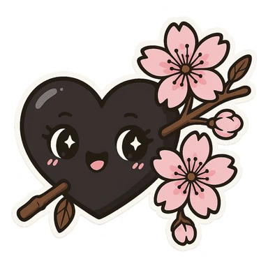 goth sakura heart, heart pierced by sakura branch, black and pink, expressive and fun sticker