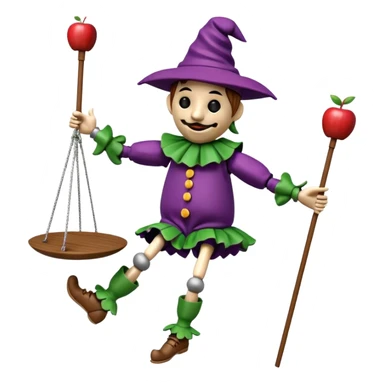 3D render of Jester Puppet as a wooden marionette puppet, Floppy hat, strings on hat, silver metal screw joints at elbows and knees, polished brown wood texture, rigid toy pose, Apple emoji style, isolated on white background --v 6.0. sticker