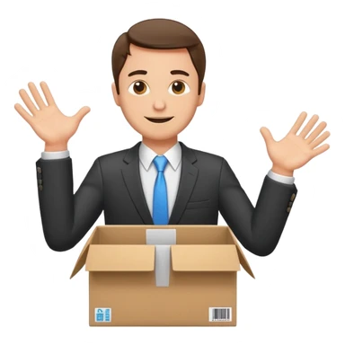 Sticker of a man in a business suit, front view, arms extended forward as if ready to hold a box, friendly expression, clean cartoon style, bold outlines, minimal background, emoji sticker style sticker
