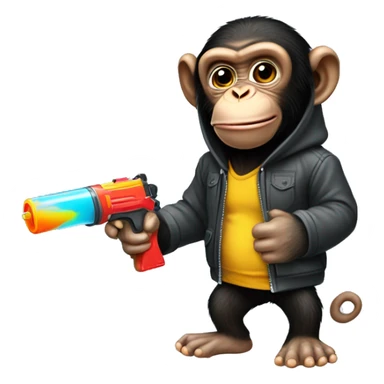 Chimpanzee in a hoodie with a squirt gun sticker