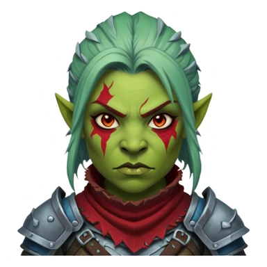 Fantasy Christmas orc legion soldier icon, iron tundra army theme, heavy winter armor, disciplined brutal look, dark icy steel armor with bold crimson cloth and markings, cold blue shadows, high contrast, clean emoji portrait style, female variant sticker
