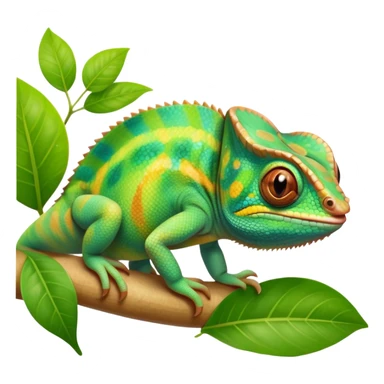 cinematic cute-smiling baby chameleon-realistic emoji,-blending-with-vibrant-greenery.-detailed-scales-in-shifting-colors,-showing-the-chameleon’s-ability-to-camouflage.-soft-natural-light-highlights-its-texture.-light-background, zoomed into its face sticker