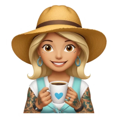 Tattooed lady in sunhat holding coffee cup sticker