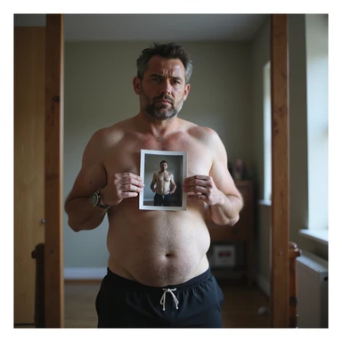 30-year-old man in sportswear standing in front of a mirror holding an old photo of himself thinner, frustrated expression, slightly protruding belly, home environment, hyperrealistic details, 4K sticker