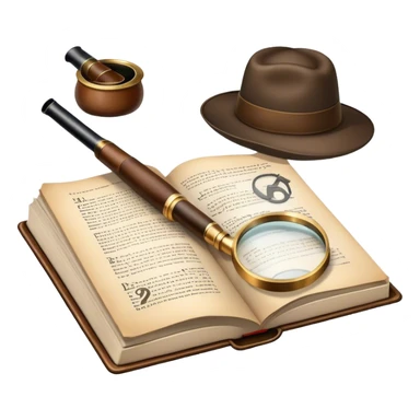 Icon for Detective Reading: an open book with text and a magnifying glass on the pages, a classic detective hat and a pipe, surrounded by clues like footprints, a revolver and a notepad. The icon should represent the mystery and intrigue of detective stories. Transparent background. sticker