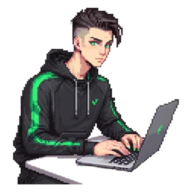 male with dark hair, high fade haircut, high slick back hairstyle, green eyes, wearing a black tracksuit, coding on black laptop sticker