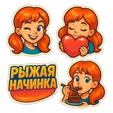 A set of emojis for a Telegram channel called 'Рыжая Начинка' featuring a red-haired girl with various expressions and activities, in the style of retro stickers. sticker