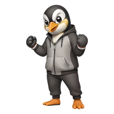 friendly anthropomorphised penguin wearing a mafia-style tracksuit, secretive scheming pose, angry expression, stomping while walking, holding a knuckle duster sticker