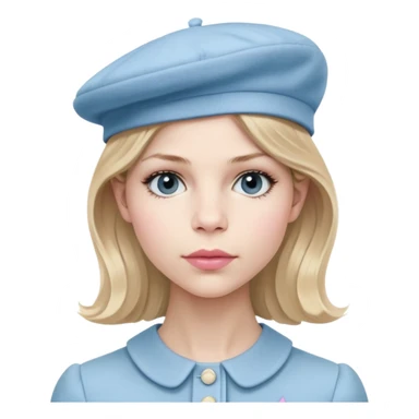 Clemence Poesy is Fleur Delacour in harry potter, light blue dress, light blue classic French beret – soft, round, and slightly tilted to one side, pink lips sticker
