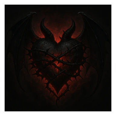 Create a gothic devil heart with bat wings, black thorns, and a blood-red aura. The style should be dark and dramatic. sticker
