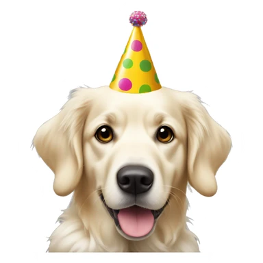 White golden retriever wearing polka dot party hat sticker