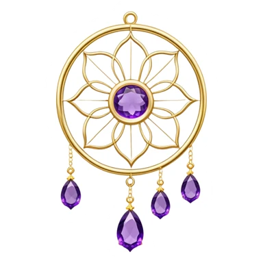 Epic beautiful gorgeous cute gold suncatcher, threads with shiny sparkly amethyst gemstones, flowers sticker