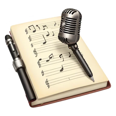 Create an emoji representing songwriting. The design should feature an open notebook or sheet music with visible lyrics and musical notes, symbolizing the process of writing song lyrics. A pen or pencil should be placed near the notebook, indicating active writing. Optionally, include a vintage microphone or a quill to add a creative touch. Use a harmonious color palette with warm and neutral tones. Do not include any emojis or smiley faces. Make the background transparent. sticker