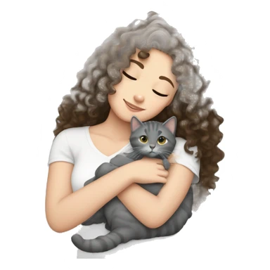 White Girl curly brunette hair cuddling with grey cat sticker