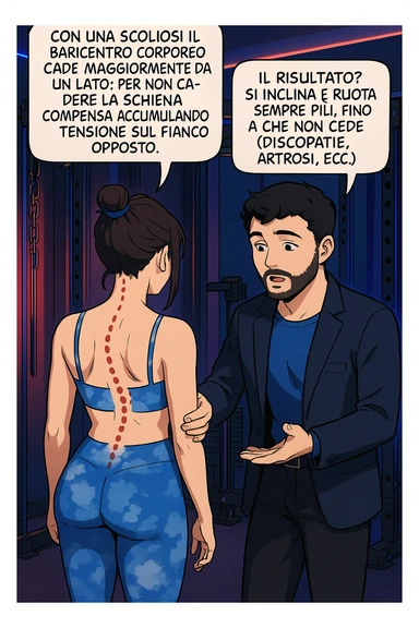 fai questa immagine in versione manga/webtoon a colori, il manga mostra la donna di spalle, mentre l'uomo le tocca la spina dorsale per spiegarle come funziona la scoliosi:
Con una scoliosi il baricentro corporeo cade maggiormente da un lato; per non cadere la schiena compensa accumulando tensione sul fianco opposto.
Il risultato? Si inclina e ruota sempre più, fino a che non cede (discopatie, artrosi, ecc) sticker