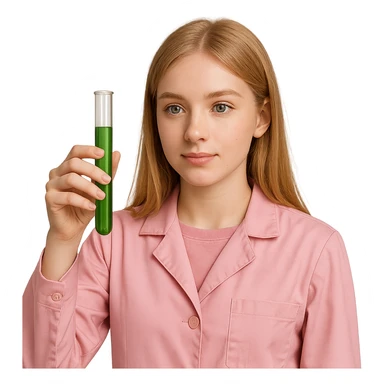 blonde girl with green-grey eyes, dressed in pink clothes, holding a test tube, chemist style sticker