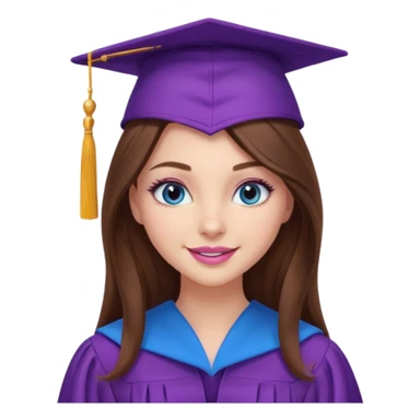 girl with gorgeous long brown hair, blue eyes, long lashes makeup, sexy pink lips, wearing a purple graduation cap and gown sticker