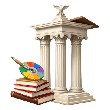 An icon featuring a paint palette, a sculpture, and a book, symbolizing the study of culture and art. The design includes a classical column and a canvas, representing art history and cultural exploration. Transparent background highlights the connection between creativity and history. sticker