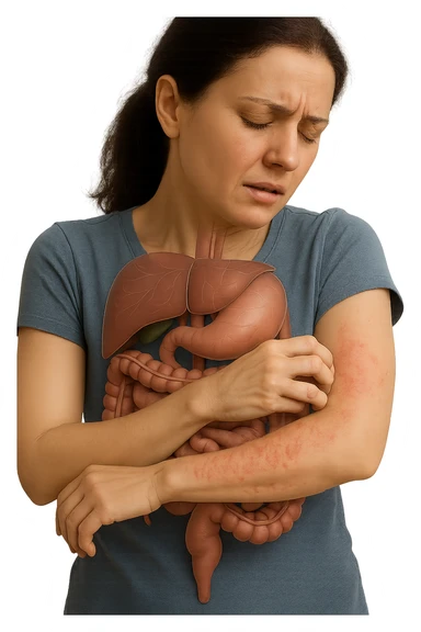 donna con intestino umano anatomico realistico che si gratta il braccio su cui ha un'eritema, iperrealistica 4k sticker