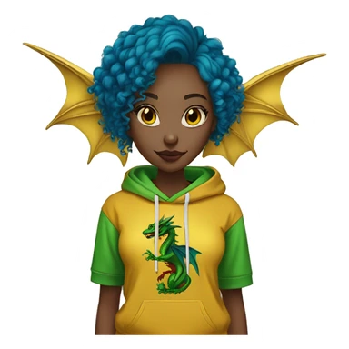 420 Lady with brunette and blue hair, hemp, gold, green dragon wings, maroon hoodie, 420, black and gold Nike t shirt, and bright red eyes sticker