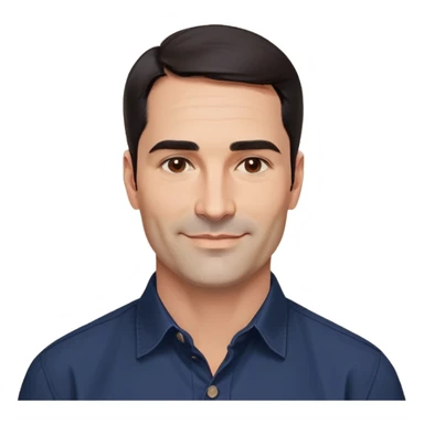 Man in his 40s with wide square face, marked jawline, full cheeks, friendly expression, medium dark brown eyes, thick natural eyebrows, straight wide nose, medium lips curved slightly upward in a relaxed smile, short neat dark brown almost black hair, wearing a navy blue button-up shirt sticker