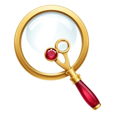Jewelry art icon, golden ring with a ruby viewed through a magnifying glass, visible pliers beside it, minimalistic style, clean lines, transparent background. sticker