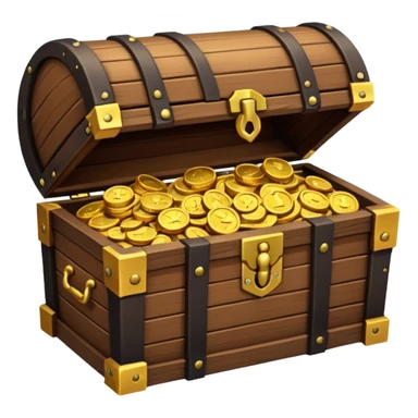 pirate treasure chest object icon, wooden chest with gold details, slightly open with coins, 3D cartoon, mobile game icon style, centered, clean background, no text, no watermark
 sticker