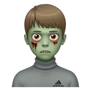 Crie um emoji de um menino com o cabelo castanho claro com uma franja reta e o corte low fade zumbi blusa de gola alta da adidas sticker