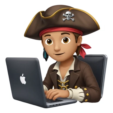 pirate dressed as a programmer, with a laptop, coding, playful and clever expression, modern pirate hat, tech gadgets sticker