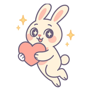 full-body milky white bunny with sparkling eyes, holding a big heart, sparkles floating around, dreamy pose, pastel toon style sticker
