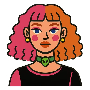girl with blue eyes, pink makeup, narrow eyebrows, earrings, green alien head choker, black and pink blouse, curly hair to shoulders, hair half hot pink and half ginger, short straight baby bangs sticker