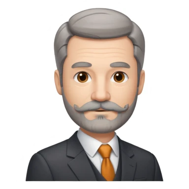 50 yr old white man, pale skin, dark grey hair with some brown highlights, side swept part, groomed moustache and beard sticker