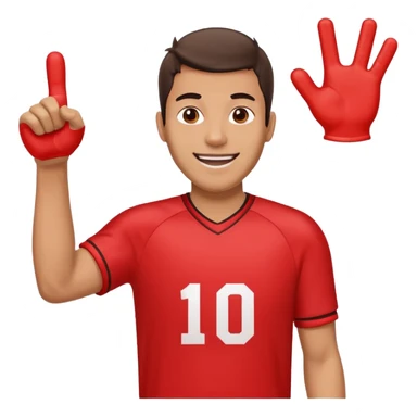 A cheerful man in a team jersey, waving a giant red foam finger high with an excited grin. sticker