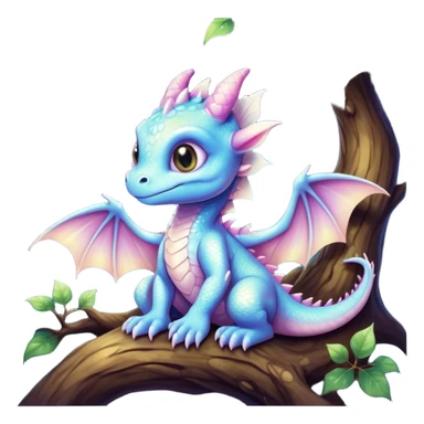 Airbrush painted image of an adorable little baby dragon with large glistening eyes sitting beside a tree under a deep galactic sky with pearlescent scales and wings spread against the stars sticker