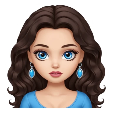 pretty bratz baddie, long dark brown wavy hair, pretty makeup, long lashes, pretty blue eyes sticker