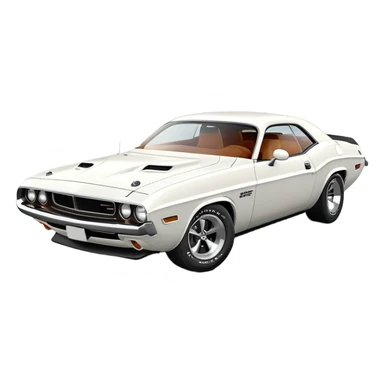 Elegant white 1971 Dodge Challenger muscle car, precise 30-degree perspective view, showing detailed front fascia and profile, clean lines, completely white exterior, iOS emoji style sticker