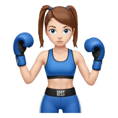 Девушка в чёрных боксёрских перчатках, в стойке, в синем спортивном топе и синих леггинсах, с каштановыми волосами, собранными в хвост, белой кожей и голубыми глазами
 sticker