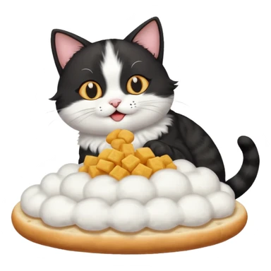 a black and white cat eating a feast on a cloud sticker