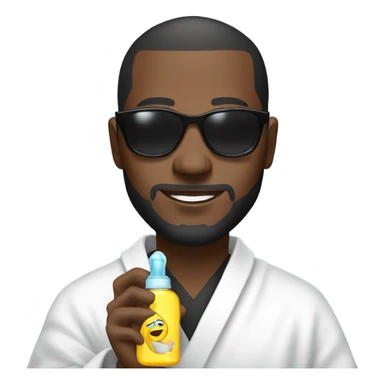 Black man in robe holding a baby and baby oil and he has sunglasses on  sticker